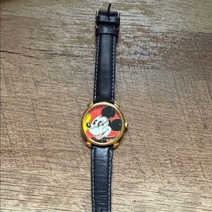 Black Leather Watch with Mickey Mouse Face